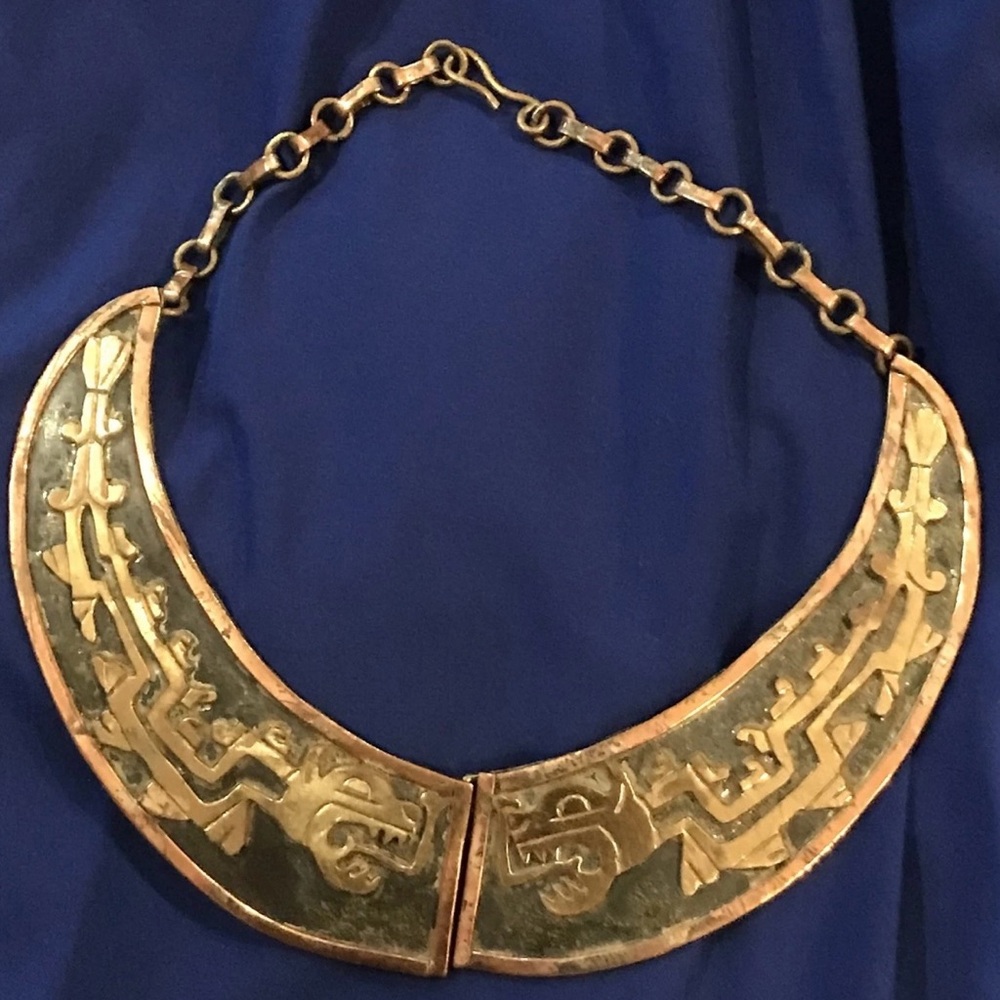 Vintage Aztec Copper Brass Choker Necklace Rare Mexico Tribal Boho Statement Art - Picture 3 of 14